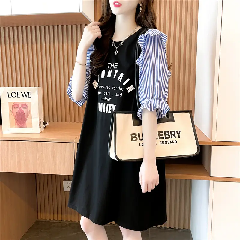 Spring and Summer Maternity Wear Mid-Length Splicing Striped Dress Ruffle Sleeve T-Shirt Female Lazy Wind Short-Sleeved Dresses