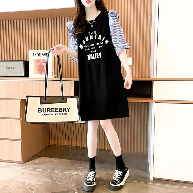 Spring and Summer Maternity Wear Mid-Length Splicing Striped Dress Ruffle Sleeve T-Shirt Female Lazy Wind Short-Sleeved Dresses