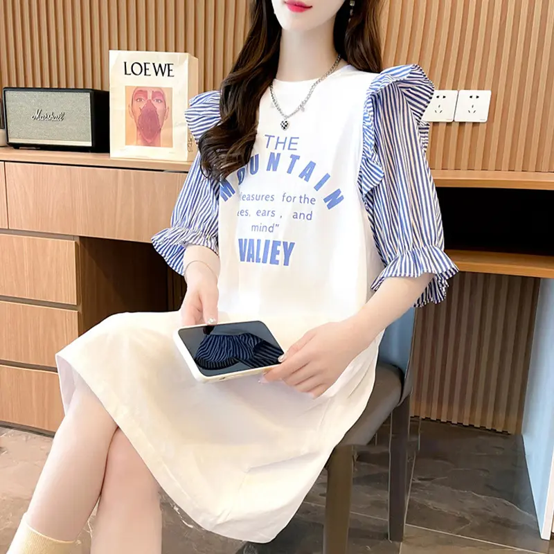 Spring and Summer Maternity Wear Mid-Length Splicing Striped Dress Ruffle Sleeve T-Shirt Female Lazy Wind Short-Sleeved Dresses