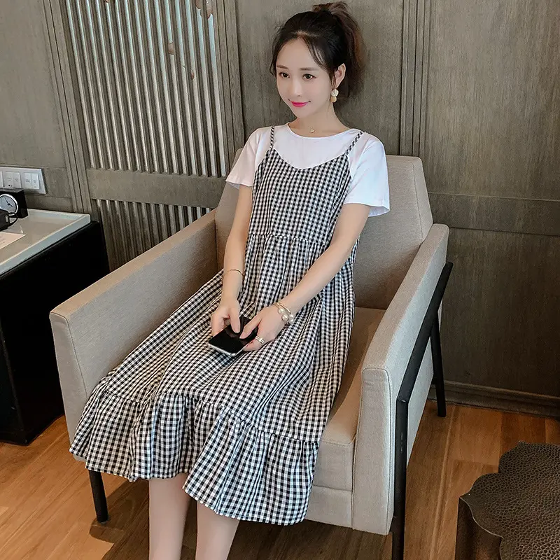 Maternity Summer New Dress Fashion Short-Sleeved Splicing Plaid Dress Maternity Summer Fake Two-Piece Skirt Ladies Dresses