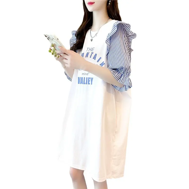 Spring and Summer Maternity Wear Mid-Length Splicing Striped Dress Ruffle Sleeve T-Shirt Female Lazy Wind Short-Sleeved Dresses