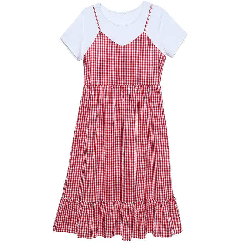 Maternity Summer New Dress Fashion Short-Sleeved Splicing Plaid Dress Maternity Summer Fake Two-Piece Skirt Ladies Dresses