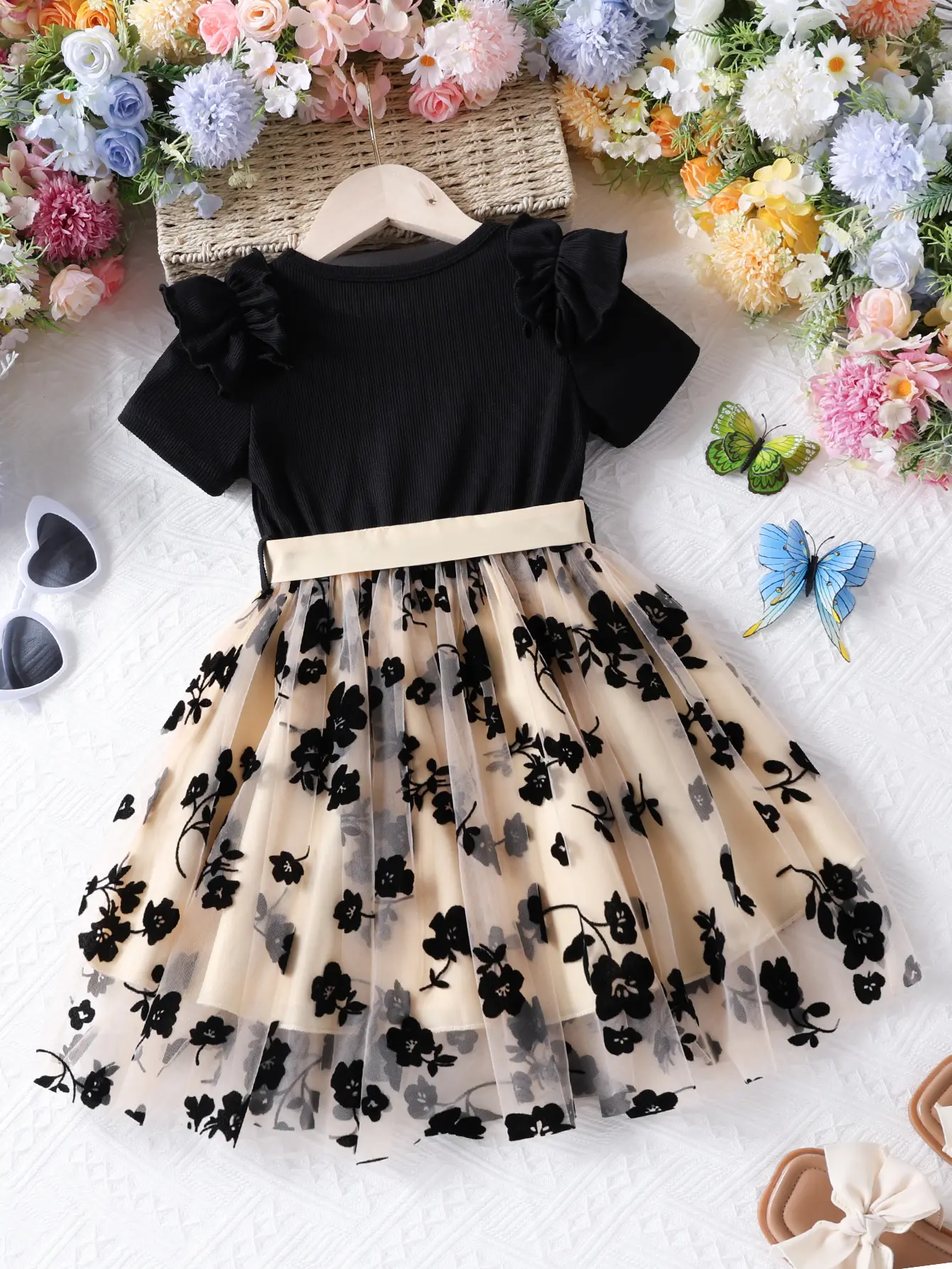 Girls Dresses Summer Toddler Girl Casual Outfits Cute Floral Tulle Dress Ruffle Sleeve Girls Tutu Dresses
