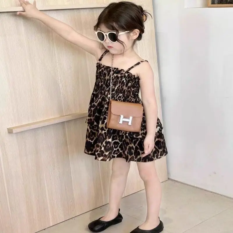 Girls' Summer Dress 2025 New Suspender Leopard Print Dress Children's Fashionable Seaside Beach Dress 90-140CM