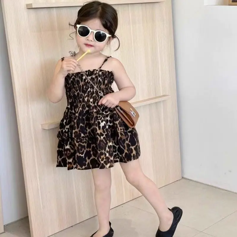 Girls' Summer Dress 2025 New Suspender Leopard Print Dress Children's Fashionable Seaside Beach Dress 90-140CM