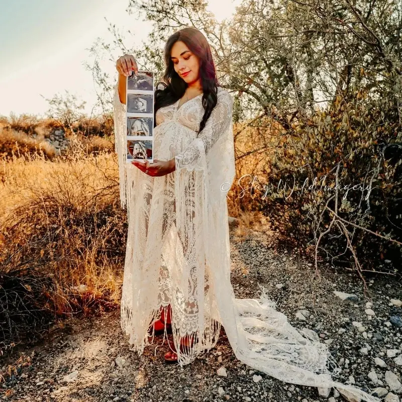 Boho Lace Maternity Photography Props Dresses Free Size Adjustable Pregnancy Photo Shoot Bohemian Long Dress Sides Slit