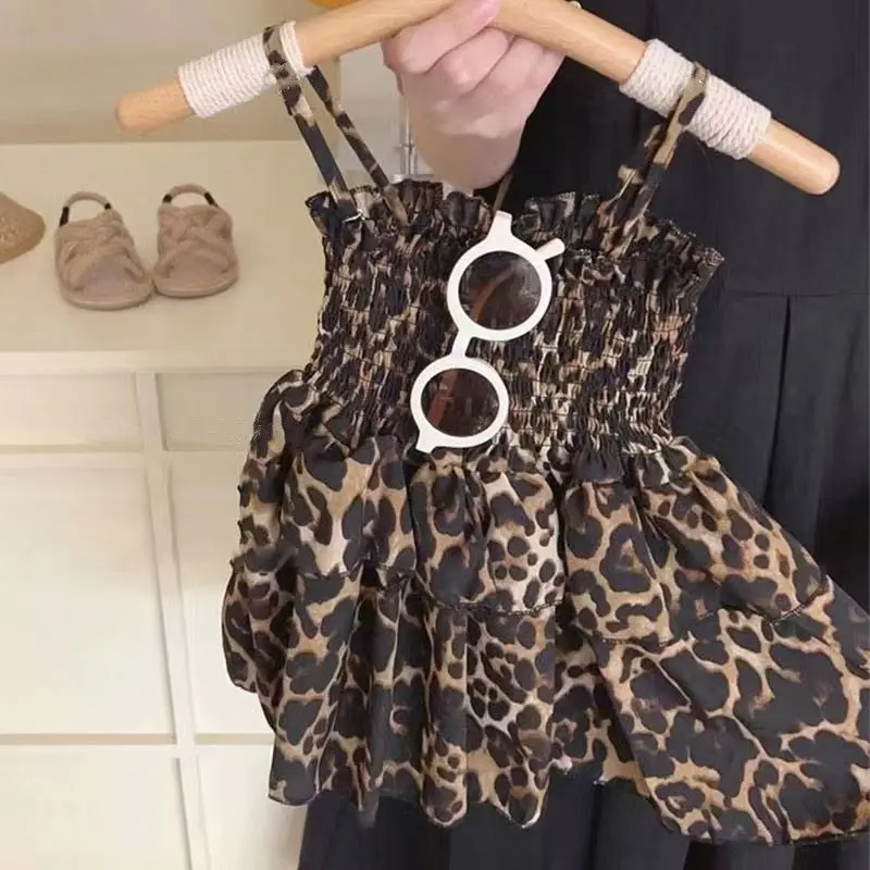 Girls' Summer Dress 2025 New Suspender Leopard Print Dress Children's Fashionable Seaside Beach Dress 90-140CM