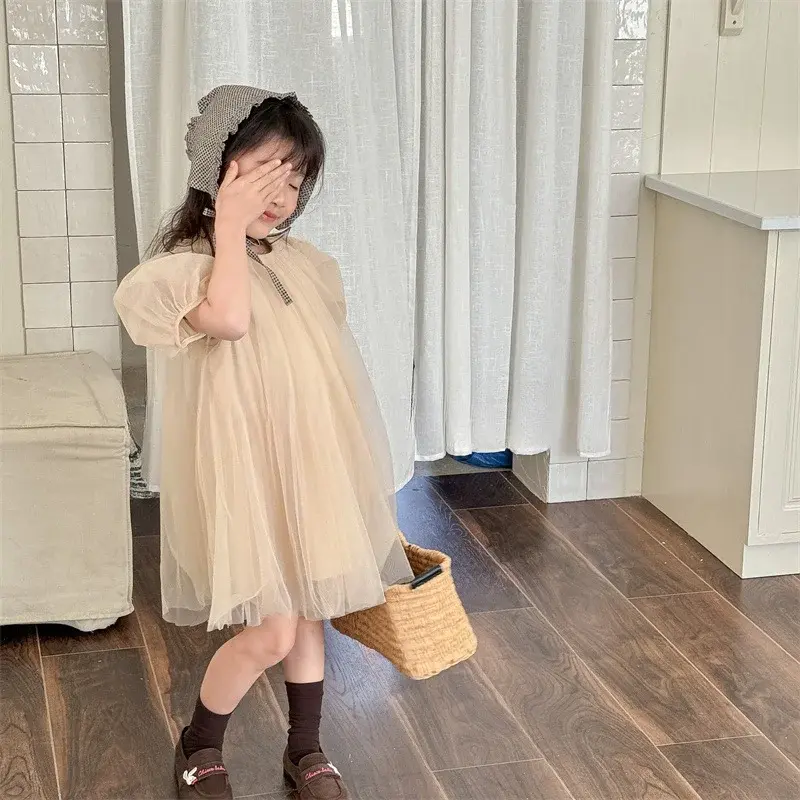 Summer New Kids Dresses Children's Clothing Korean Version Girls Yarn Princess Dress Solid Color Bubble Sleeves Dress