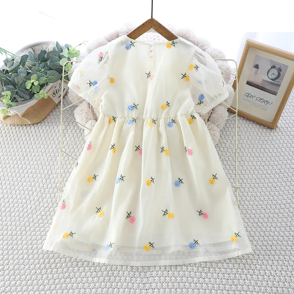 Humor Bear Kids Clothing Flower Embroidered Dress With Puffed Sleeves + Crossbody Bag Girls Princess Dress For 3-7Y
