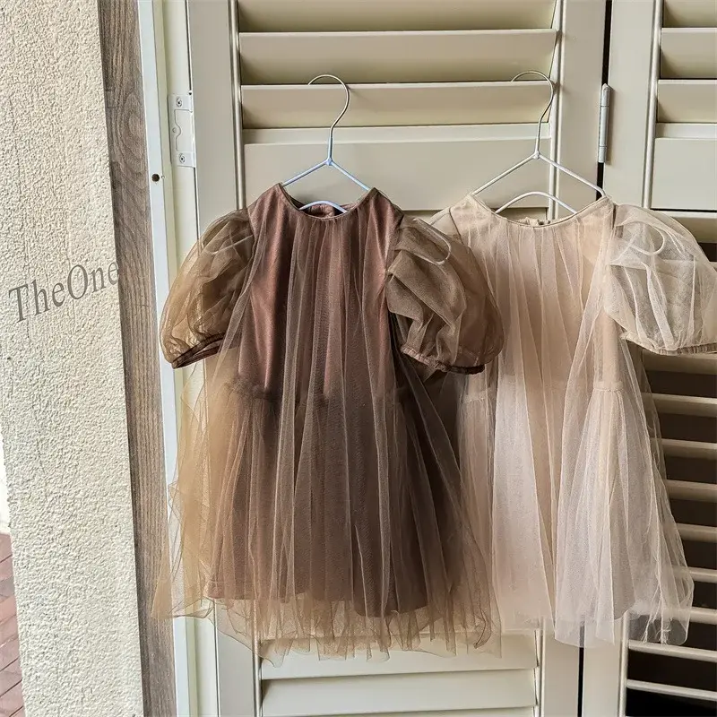 Summer New Kids Dresses Children's Clothing Korean Version Girls Yarn Princess Dress Solid Color Bubble Sleeves Dress