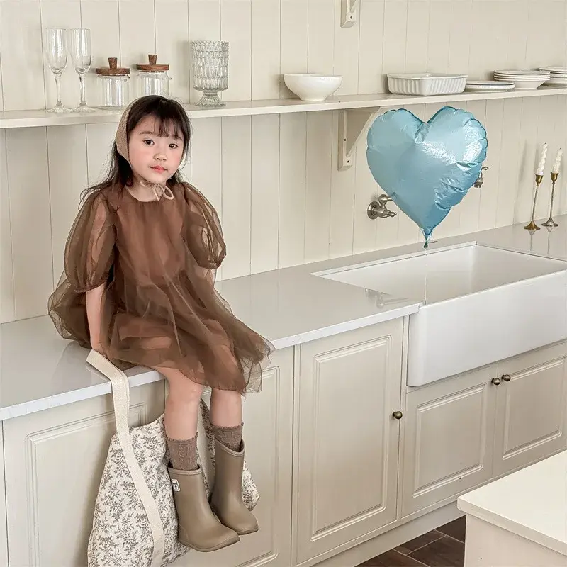 Summer New Kids Dresses Children's Clothing Korean Version Girls Yarn Princess Dress Solid Color Bubble Sleeves Dress