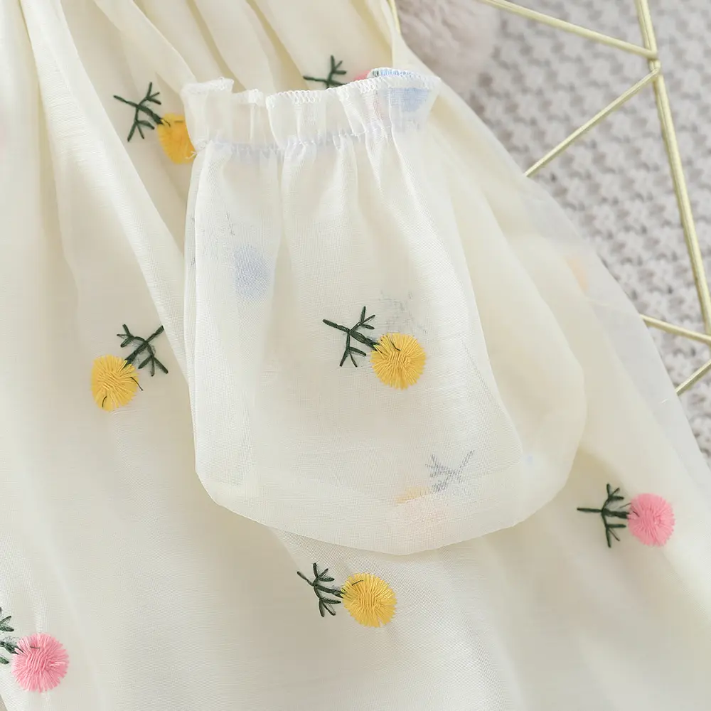 Humor Bear Kids Clothing Flower Embroidered Dress With Puffed Sleeves + Crossbody Bag Girls Princess Dress For 3-7Y