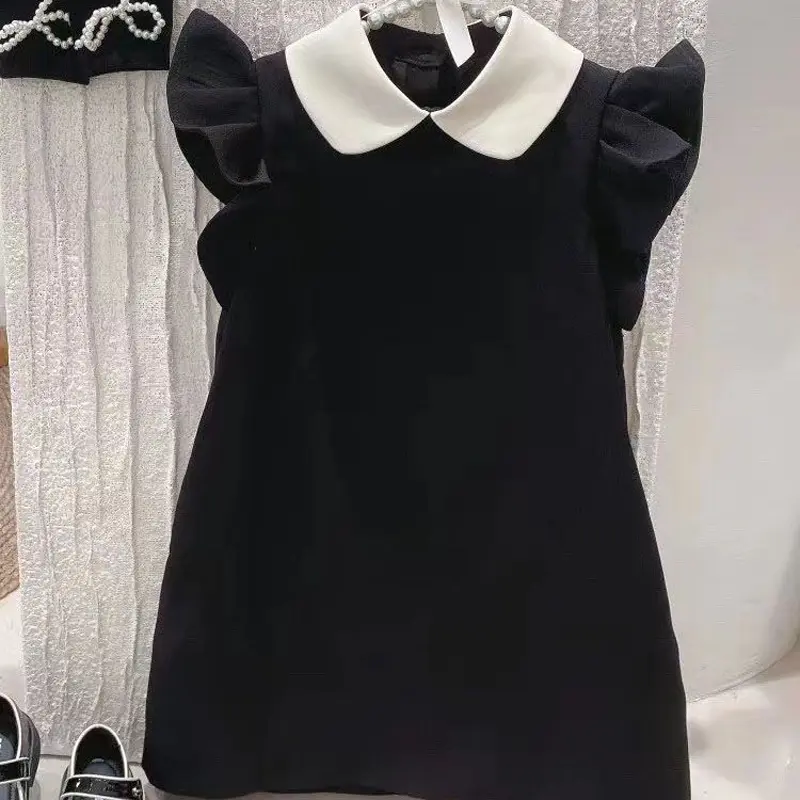 Girls' Dress Summer New Fashionable Sweetheart Lapel Flying Sleeves Small Black Dress A-line Dress Korean Children's Dress