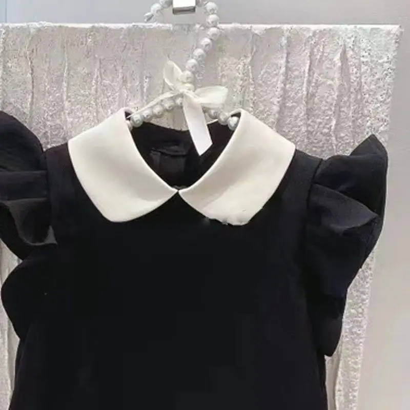 Girls' Dress Summer New Fashionable Sweetheart Lapel Flying Sleeves Small Black Dress A-line Dress Korean Children's Dress