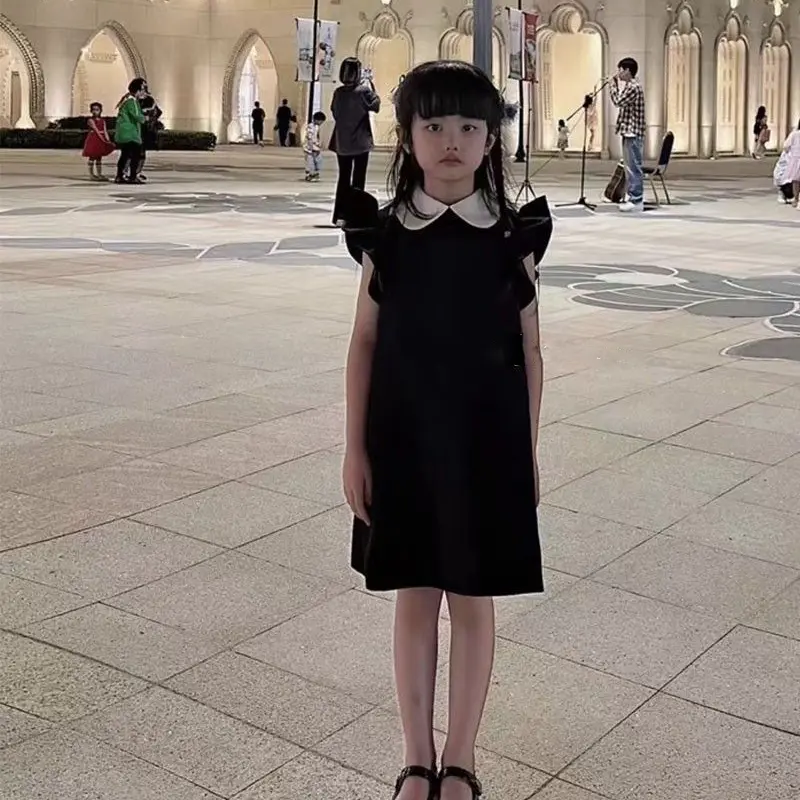 Girls' Dress Summer New Fashionable Sweetheart Lapel Flying Sleeves Small Black Dress A-line Dress Korean Children's Dress