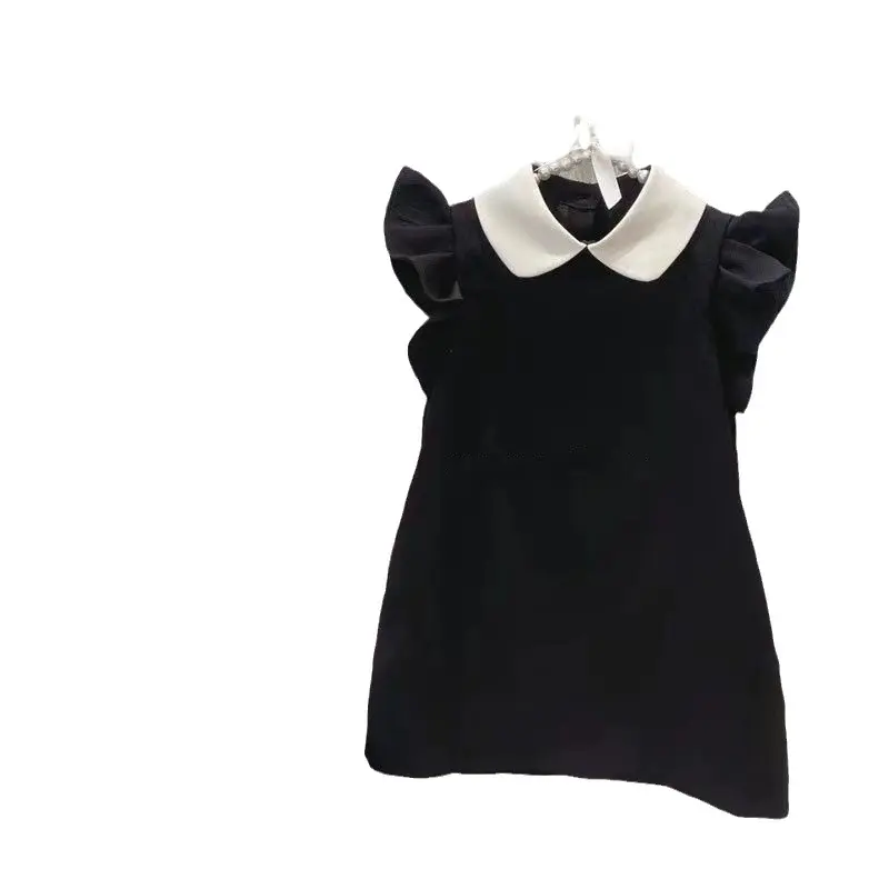 Girls' Dress Summer New Fashionable Sweetheart Lapel Flying Sleeves Small Black Dress A-line Dress Korean Children's Dress
