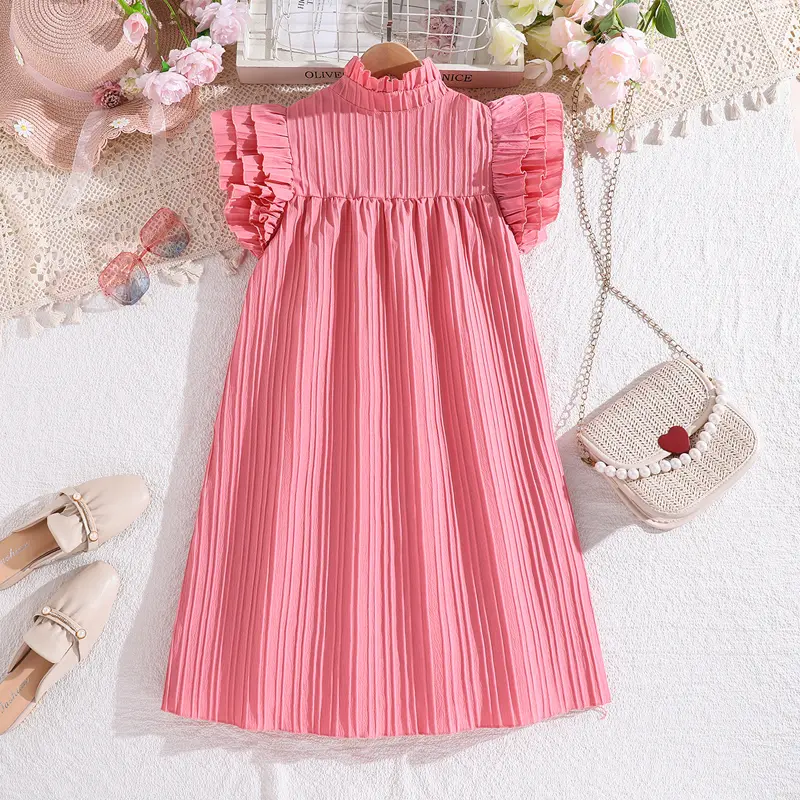 Kids Dress For Girls Pink Petal Sleeve Dress Sweet Elegant Princess Dress Stylish Girls Vacation Holiday Clothes Kids Clothes