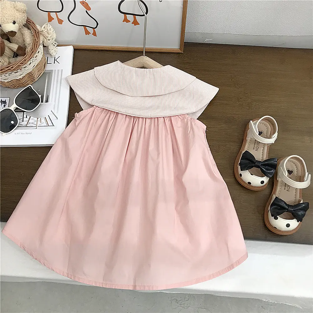 Girls Summer Dress Pink Skirt Foreign Style Baby Korean Version A-shaped Skirt Children's Summer Dress Double Neck Princess