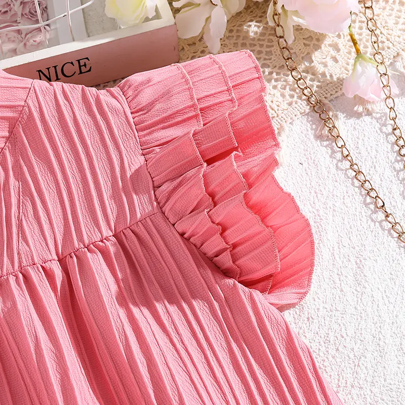 Kids Dress For Girls Pink Petal Sleeve Dress Sweet Elegant Princess Dress Stylish Girls Vacation Holiday Clothes Kids Clothes