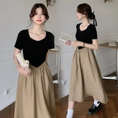 Korean Style Postpartum Woman Breastfeeding Dress Short Sleeve Summer V-neck Block Color Nursing Dress Maternity Lactation Dress