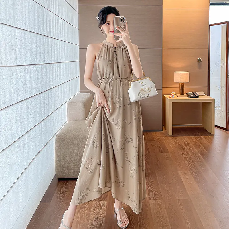 2025 Summer Chinese Style Plus Size Women Dress Sleeveless Floral Dress Fashion Maternity Long Loose Strap Dress Holiday Clothes