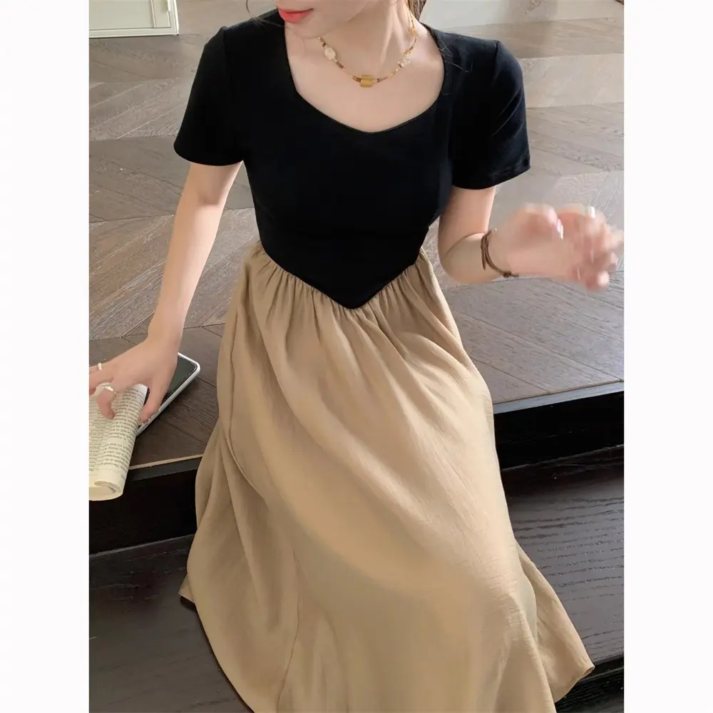 Korean Style Postpartum Woman Breastfeeding Dress Short Sleeve Summer V-neck Block Color Nursing Dress Maternity Lactation Dress