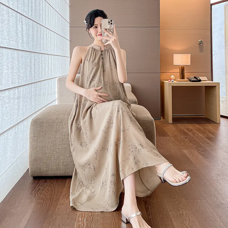 2025 Summer Chinese Style Plus Size Women Dress Sleeveless Floral Dress Fashion Maternity Long Loose Strap Dress Holiday Clothes