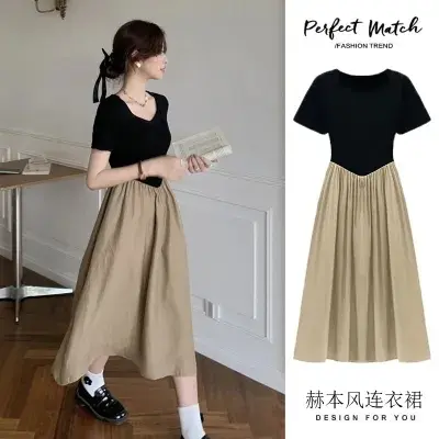 Korean Style Postpartum Woman Breastfeeding Dress Short Sleeve Summer V-neck Block Color Nursing Dress Maternity Lactation Dress