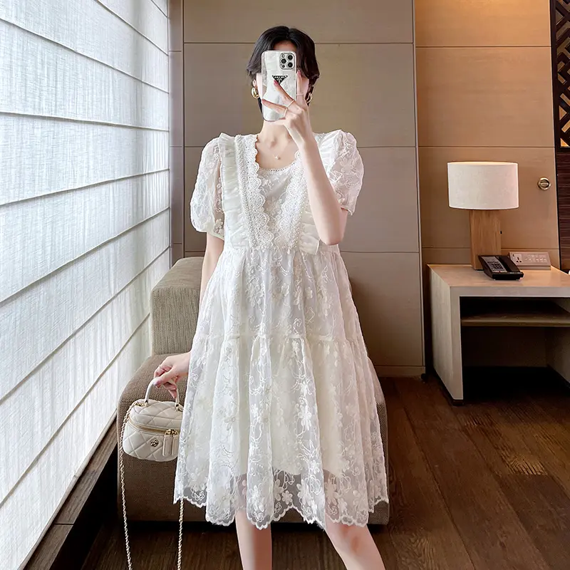 Good Quality Summer Maternity Lace Dress Sweet Puff Sleeve Ruffles Patchwork Pregnant Woman Organza Dress Princess Party Dresses