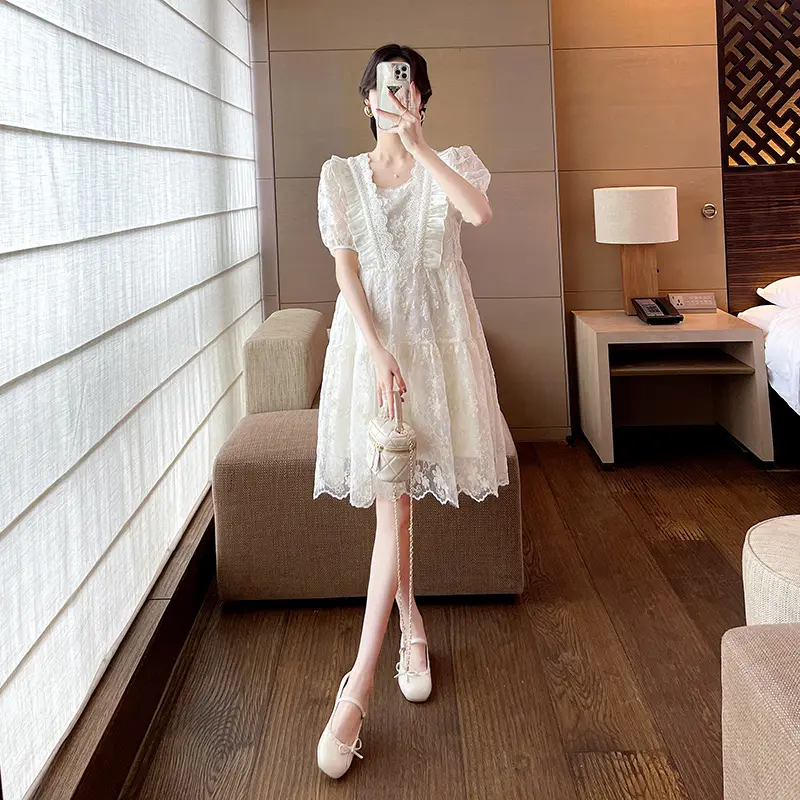 Good Quality Summer Maternity Lace Dress Sweet Puff Sleeve Ruffles Patchwork Pregnant Woman Organza Dress Princess Party Dresses