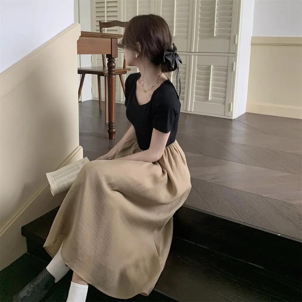Korean Style Postpartum Woman Breastfeeding Dress Short Sleeve Summer V-neck Block Color Nursing Dress Maternity Lactation Dress
