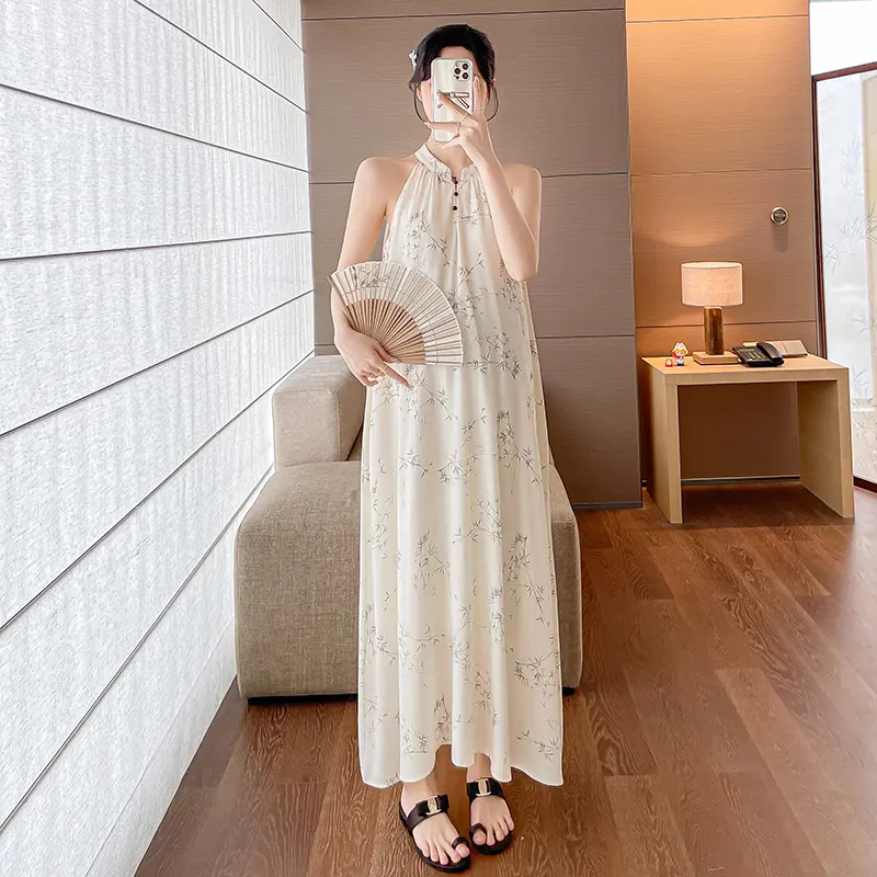 2025 Summer Chinese Style Plus Size Women Dress Sleeveless Floral Dress Fashion Maternity Long Loose Strap Dress Holiday Clothes