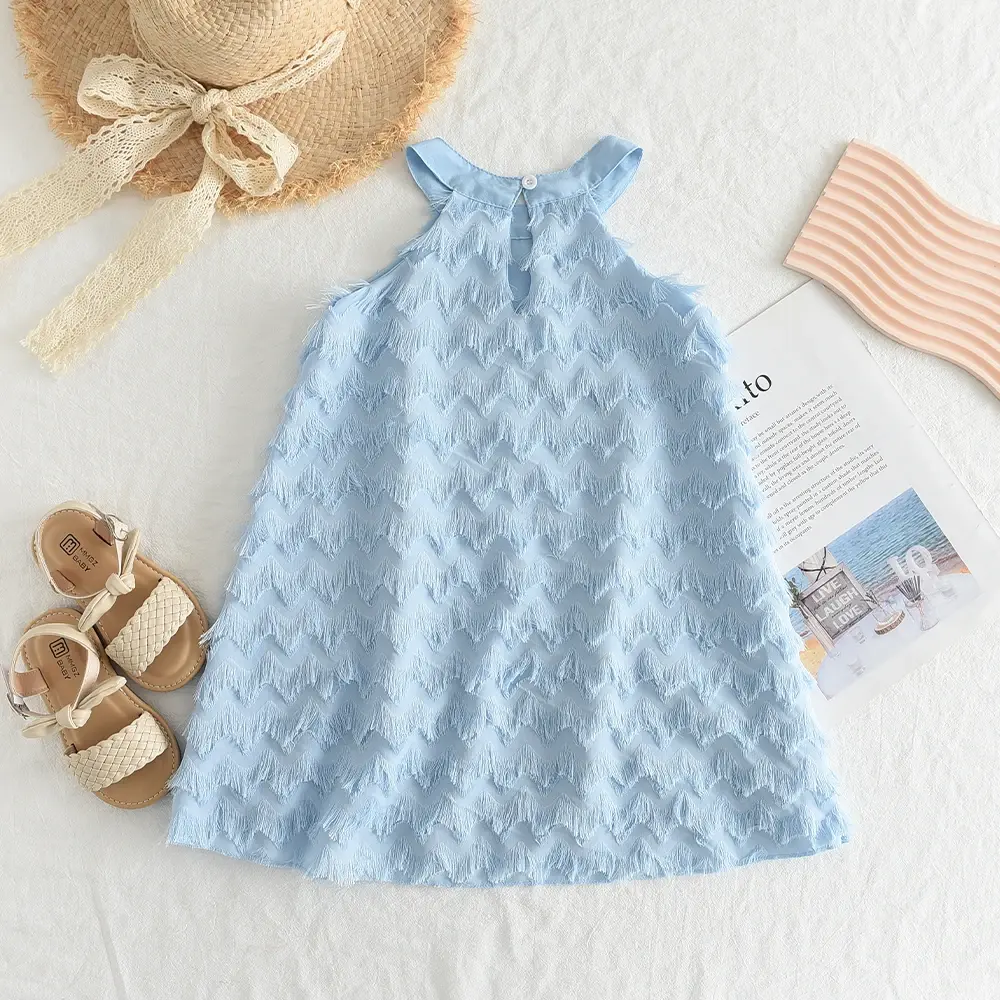 Summer New Fashion Cute Girls Sleeveless O-Neck Single Button Princess Halter Dress 1 Pc 4-7 Years Kids Casual Clothes