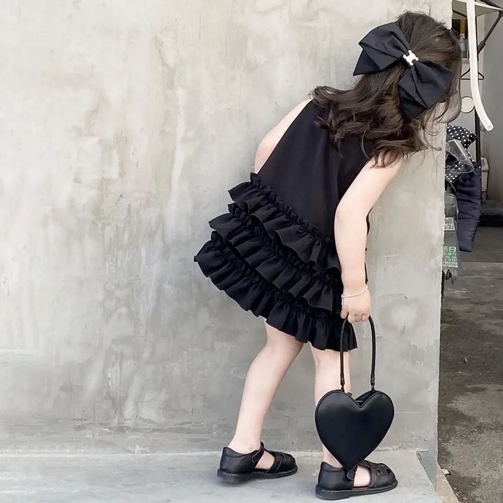 Summer Girls Party Fashion Solid Color O-Neck Sleeveless Ruffle Princess Dress 1 Pc 2-7 Years Kids Sweet Cute Casual Clothes