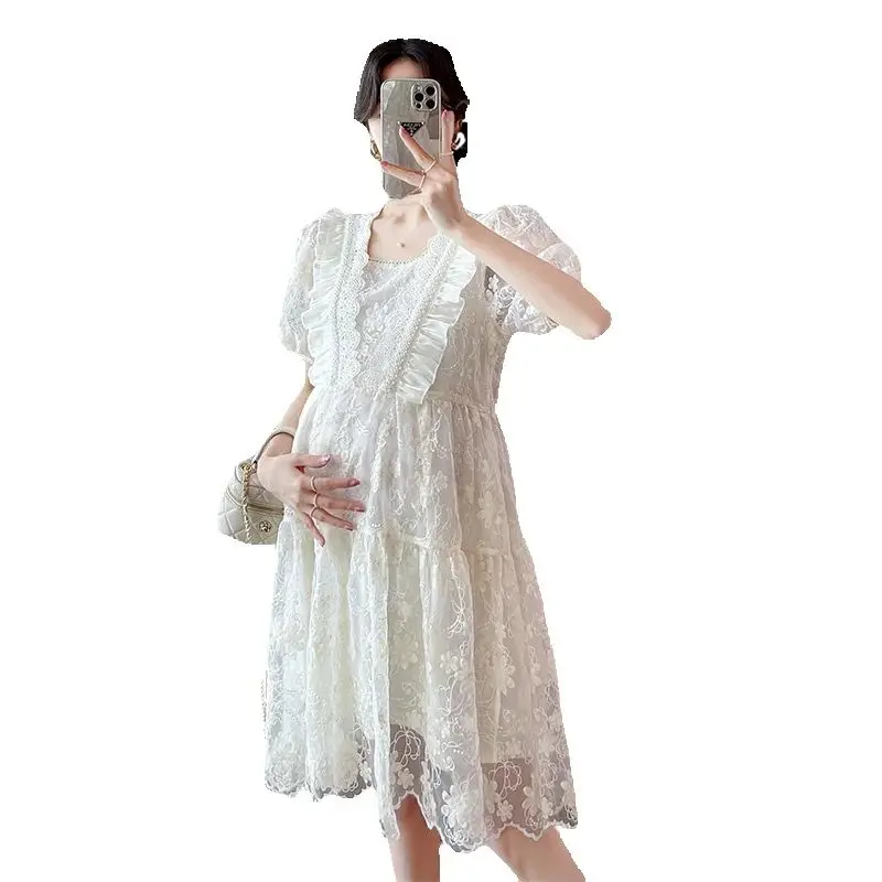Good Quality Summer Maternity Lace Dress Sweet Puff Sleeve Ruffles Patchwork Pregnant Woman Organza Dress Princess Party Dresses