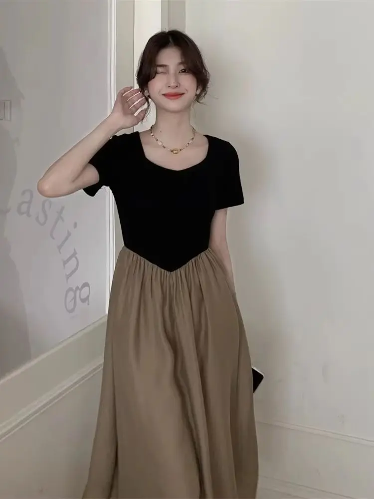 Korean Style Postpartum Woman Breastfeeding Dress Short Sleeve Summer V-neck Block Color Nursing Dress Maternity Lactation Dress
