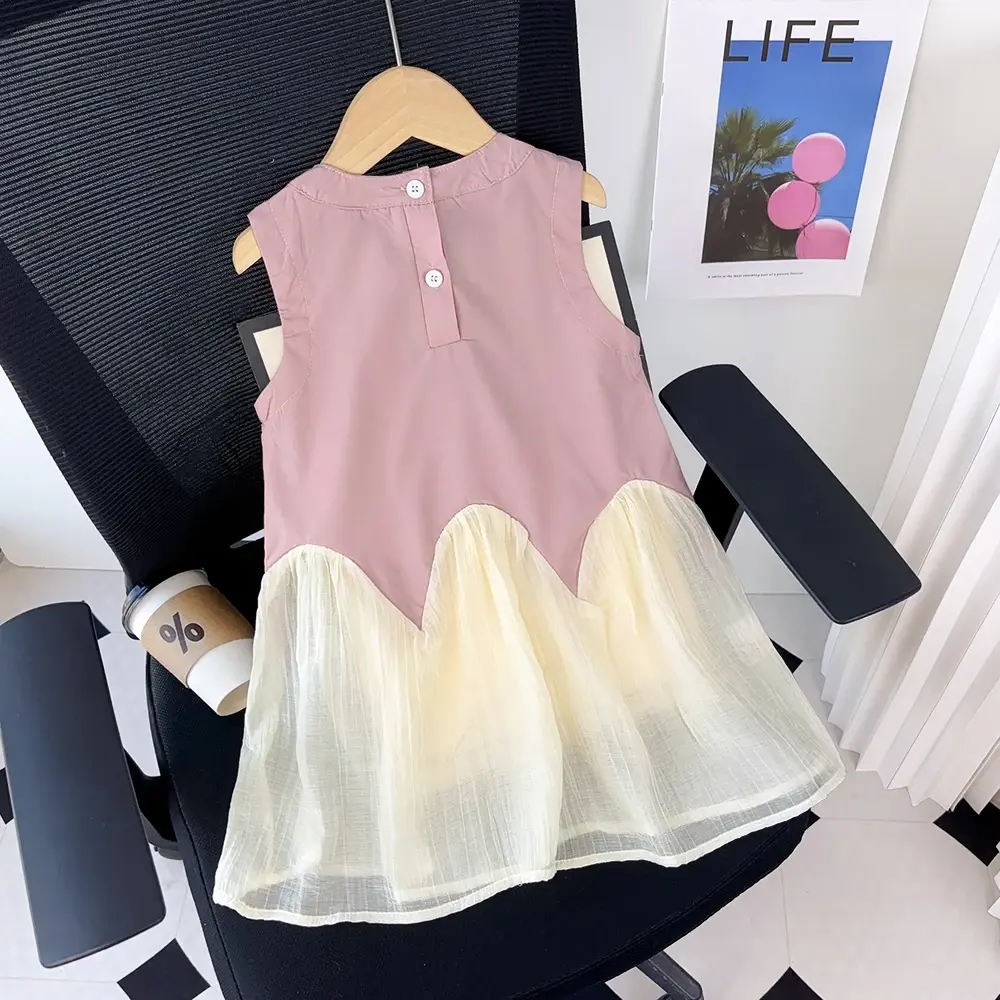 Summer Sweet Cute 2-7 Years Children Casual Clothing Sleeveless O-Neck Splicing Princess Dress 1 Pc Girls Party Fashion Wear