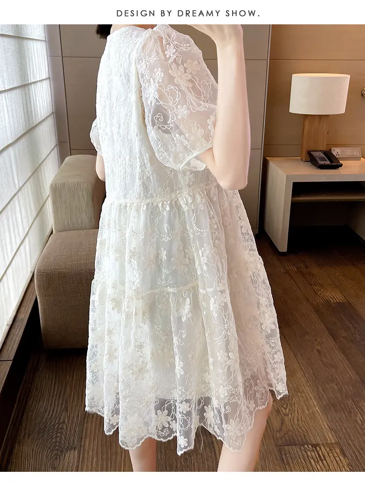 Good Quality Summer Maternity Lace Dress Sweet Puff Sleeve Ruffles Patchwork Pregnant Woman Organza Dress Princess Party Dresses