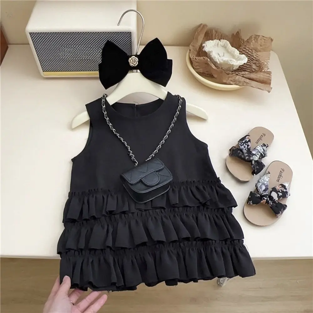 Summer Girls Party Fashion Solid Color O-Neck Sleeveless Ruffle Princess Dress 1 Pc 2-7 Years Kids Sweet Cute Casual Clothes