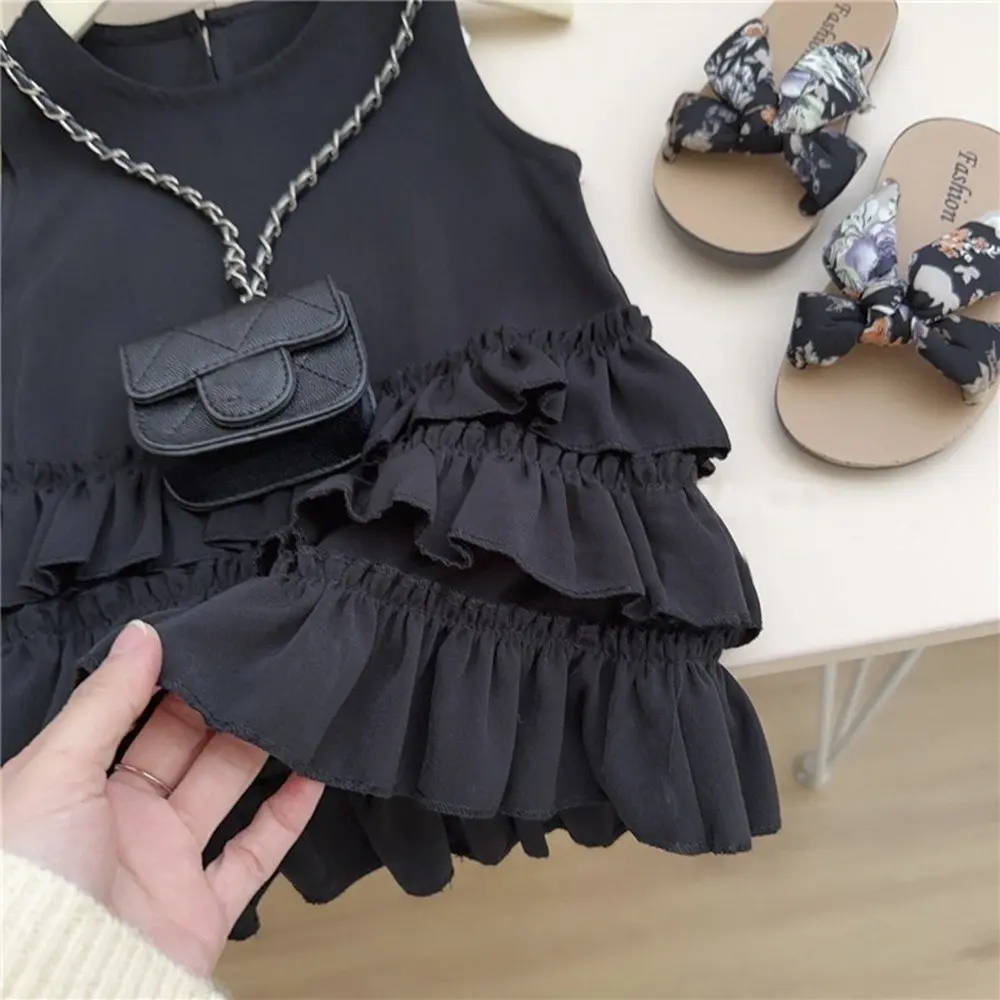 Summer Girls Party Fashion Solid Color O-Neck Sleeveless Ruffle Princess Dress 1 Pc 2-7 Years Kids Sweet Cute Casual Clothes