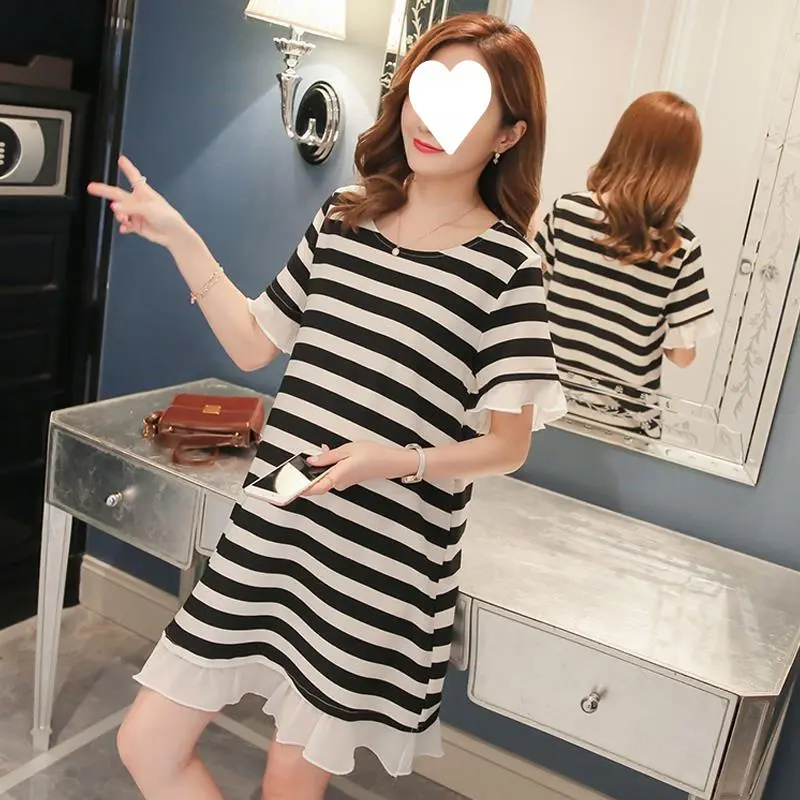 Maternity Dresses New Women Striped Patchwork Mid-Length Tops Pregnancy Summer Loose Short Sleeve Maternity T-Shirt Dresses