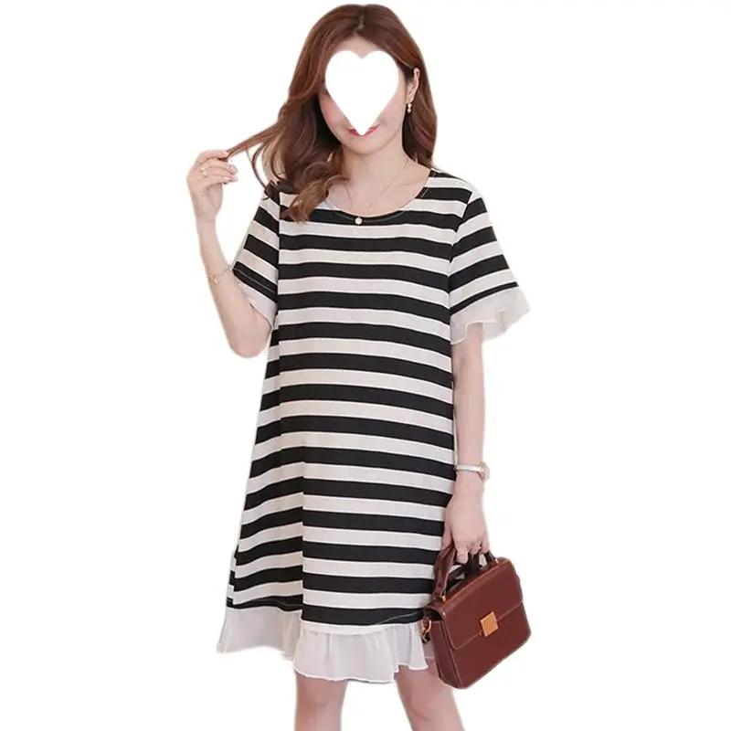 Maternity Dresses New Women Striped Patchwork Mid-Length Tops Pregnancy Summer Loose Short Sleeve Maternity T-Shirt Dresses