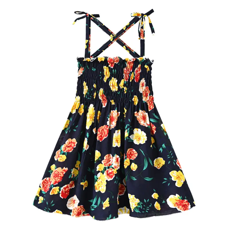 New 2025 Girls Summer Thin Strappy Dress Sweet Cartoon Floral Print Sleeveless Princess Beach Sundress Casual Vacation Dresses