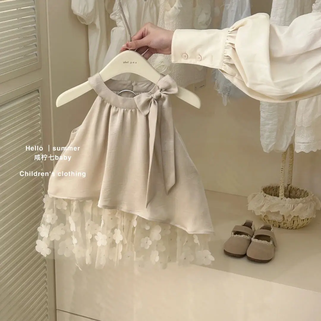 Children Summer Dress 2025 New Girls Korean Elegant Princess Dress Children Summer Bow Sleeveless Mesh Dress