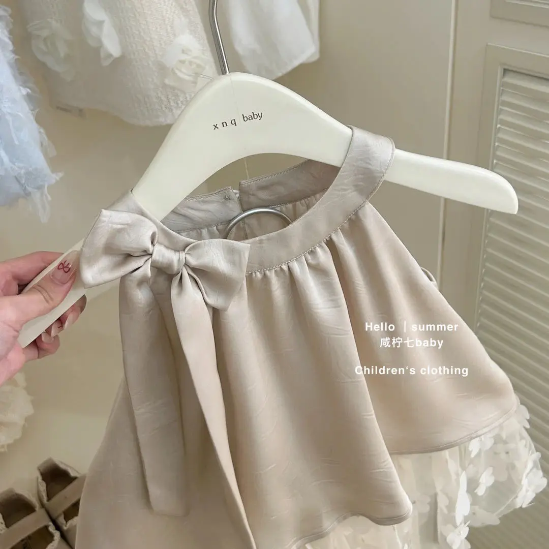 Children Summer Dress 2025 New Girls Korean Elegant Princess Dress Children Summer Bow Sleeveless Mesh Dress