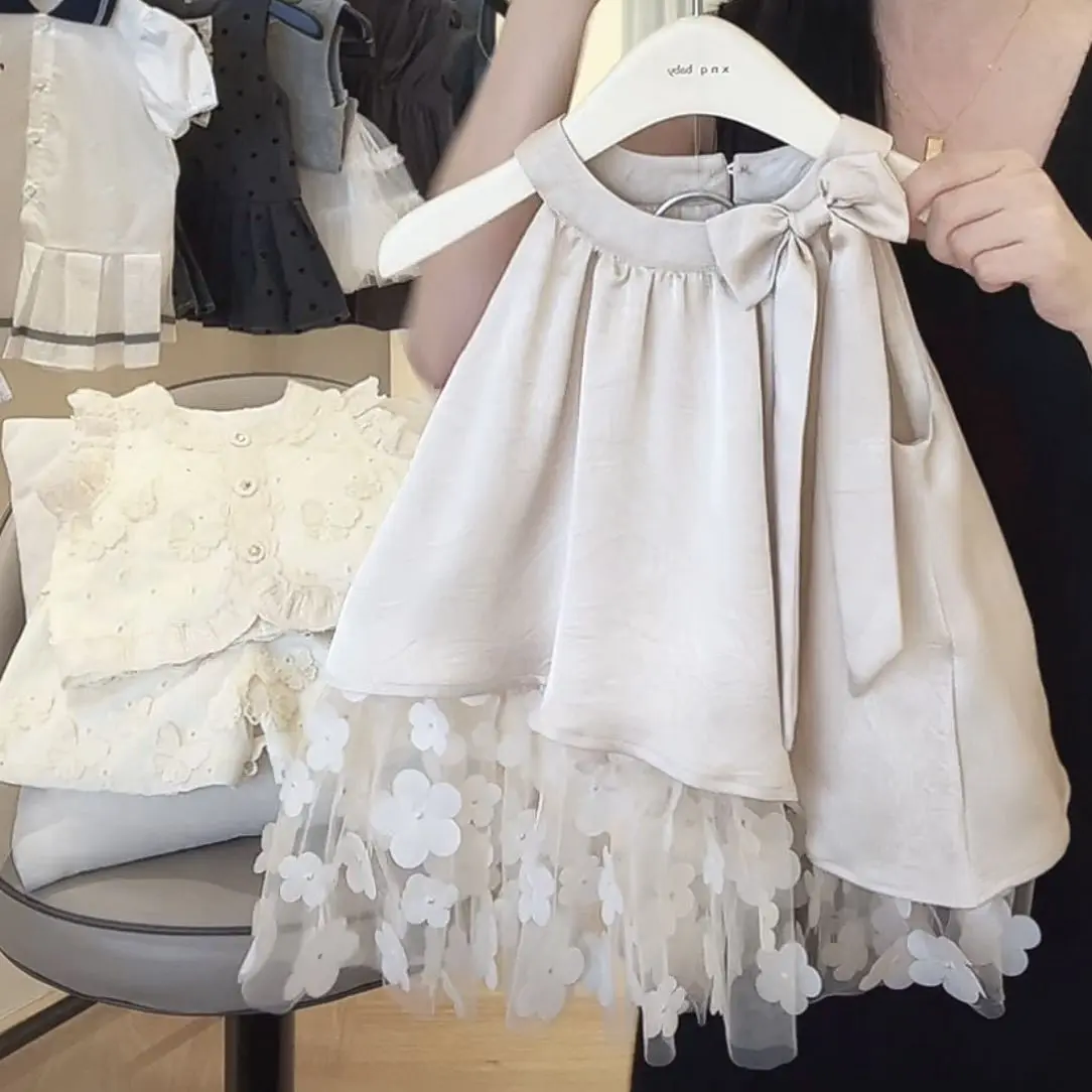 Children Summer Dress 2025 New Girls Korean Elegant Princess Dress Children Summer Bow Sleeveless Mesh Dress