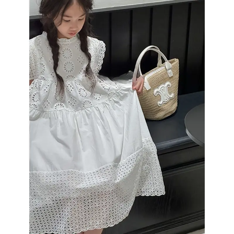 Cotton Medium To Large Children's Clothing Lace White Dress Girls' Princess Little Fresh Vest Dress 2025 Summer New Style