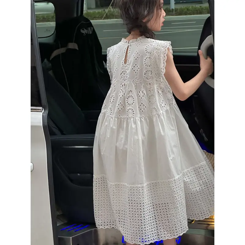 Cotton Medium To Large Children's Clothing Lace White Dress Girls' Princess Little Fresh Vest Dress 2025 Summer New Style