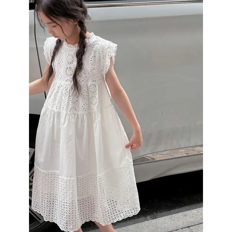 Cotton Medium To Large Children's Clothing Lace White Dress Girls' Princess Little Fresh Vest Dress 2025 Summer New Style