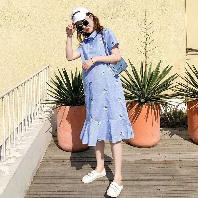 Pregnant Women's Summer Loose Floral Dress Sweet Bowknow Collar Maternity Ball Gown  Short Lady Chiffon  Wholesale